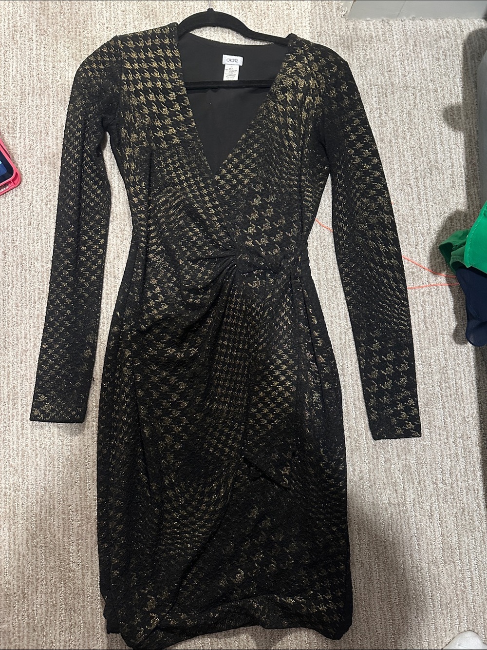 Cache Black and Gold Metallic Houndstooth Long Sleeve Wrap Dress